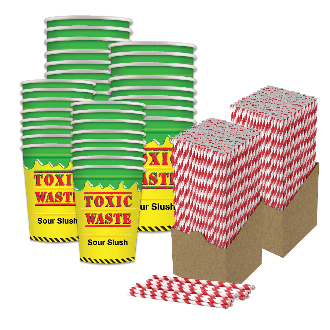 Toxic Waste® 500 x 12oz Paper Cups, 480 x 16oz Paper Cups & 1000 x Paper Straws