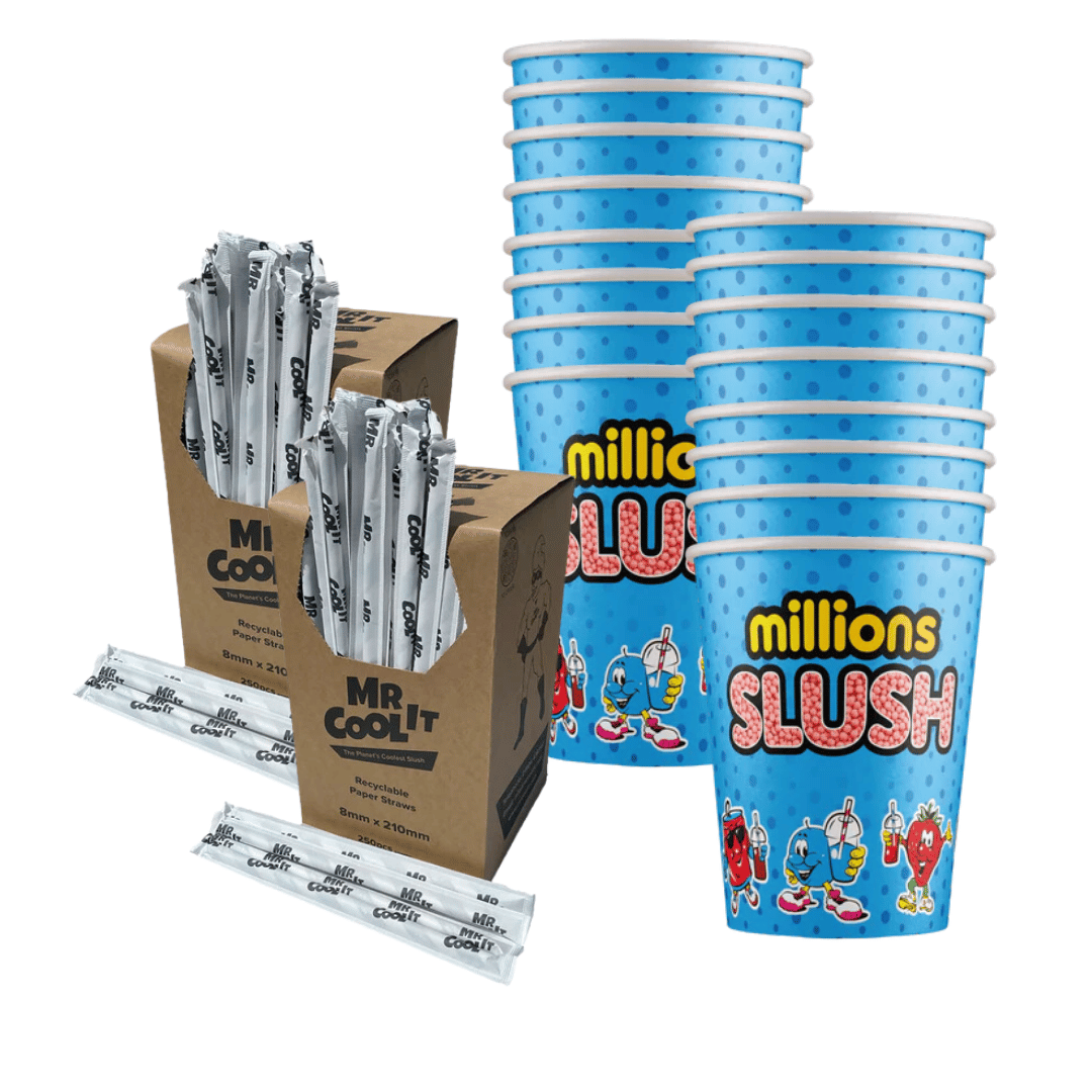 Millions® Box of 500 x 12oz Paper cups & Box of 1000 x Paper Straws