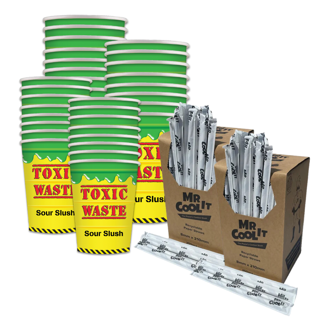 Toxic Waste® 500 x 12oz Paper Cups, 480 x 16oz Paper Cups & 1000 x Paper Straws